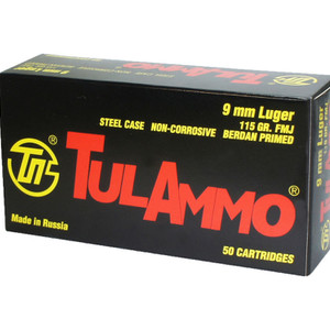 TulAmmo 9mm 115 Gr, FMJ, Range and Practice, Steel Case, 50rd Box